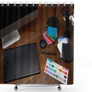 Personality  Close Up View Of Graphic Designer Workplace With Colorful Pallet, Computer Screen And Graphic Tablet On Wooden Surface Shower Curtains
