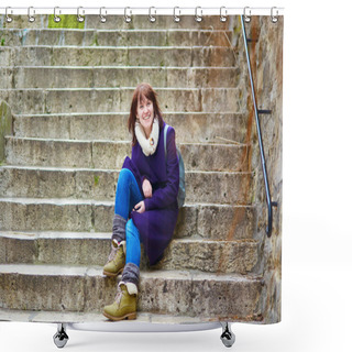 Personality  Young Tourist In Paris, Sitting On The Stairs On Montmartre Shower Curtains