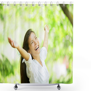 Personality  Carefree Elated Cheering Woman In Spring Or Summer Shower Curtains