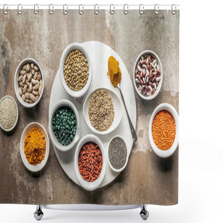 Personality  Top View Of Superfoods, Nuts And Legumes On Textured Rustic Background Shower Curtains