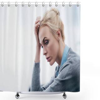 Personality  Selective Focus Of Beautiful Upset Woman Touching Head With Copy Space Shower Curtains