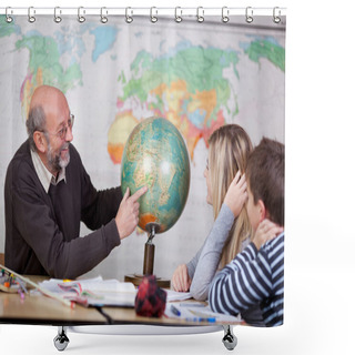 Personality  Teacher Pointing At Globe While Students Looking At It Shower Curtains