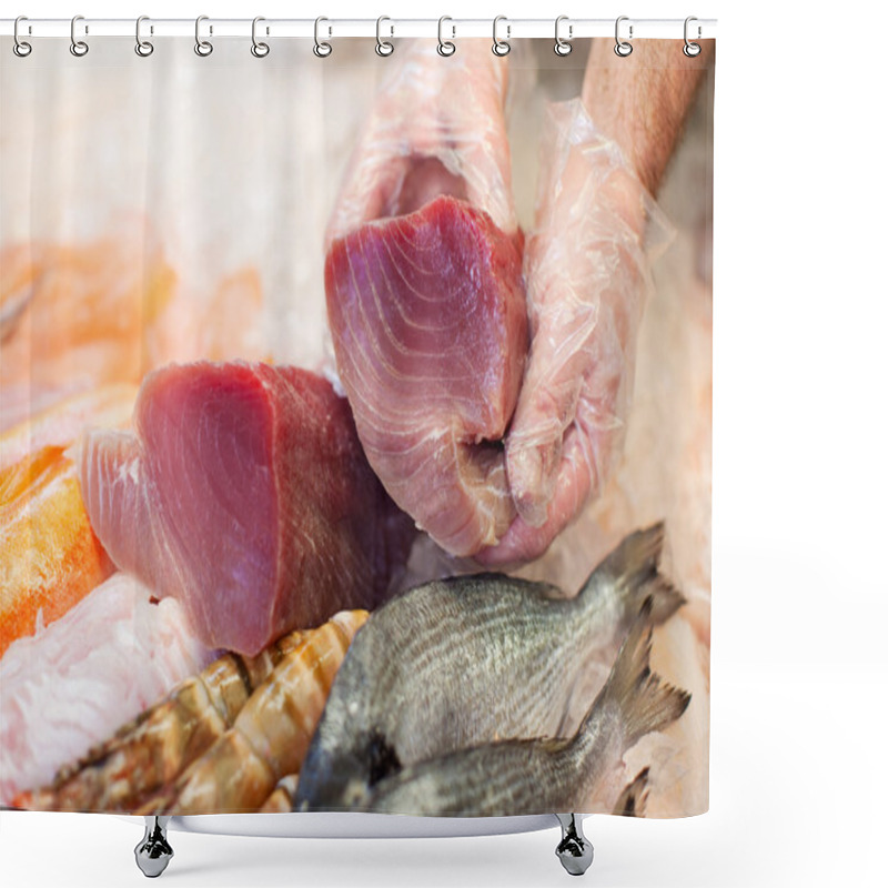 Personality  Hands Keeping Slice Of Fish For Preservation shower curtains