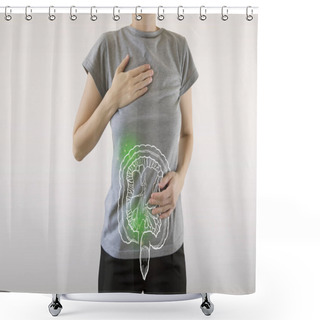 Personality  Composite Image Of Infected Intestine Highlighted Green On Woman Shower Curtains