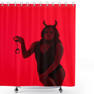 Personality  Silhouette Of Sexy Girl In Devil Costume Holding Handcuffs, Isolated On Red Shower Curtains