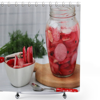 Personality  Marinated Radish In A Jar On A Wooden Board On A White Background, Horizontal Photo Shower Curtains