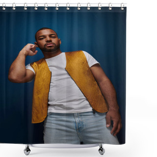 Personality  Handsome Stylish Man In Yellow Vest Posing With Raised Fist On Dark Blue Backdrop, Fashion Concept Shower Curtains