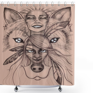 Personality  Illustration Of Two Native American Girls With Feathers Shower Curtains