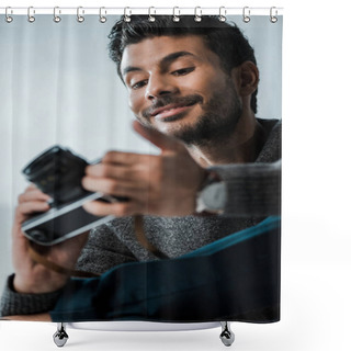 Personality  Low Angle View Of Handsome And Smiling Bi-racial Man Holding Digital Camera Shower Curtains