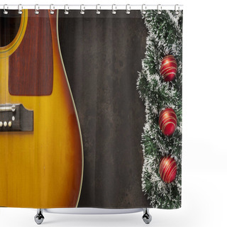 Personality  Acoustic Guitar And Christmas Garland Decor With Red Dekorative Balls On Dark Brown Background	 Shower Curtains