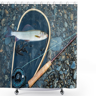 Personality  Grayling Fishing Season. Fish In Landing Net Shower Curtains