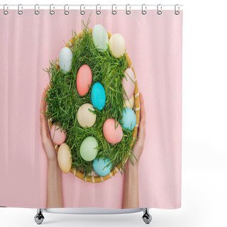 Personality  Cropped View Of Woman With Colorful Easter Eggs In Wicker Plate With Grass Isolated On Pink  Shower Curtains