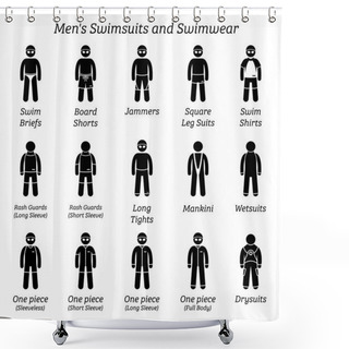 Personality  Men Swimsuits And Swimwear. Stick Figures Depict Different Types Of Swimming Suits Fashion Wear By Man Or Male. Shower Curtains