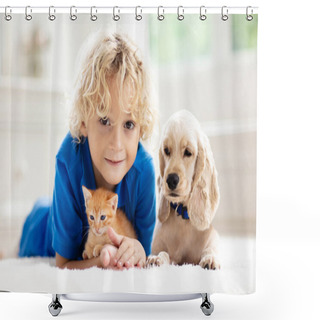 Personality  Child, Dog And Cat. Kids Play With Puppy, Kitten. Shower Curtains