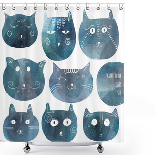 Personality  Set Of Fun Cat Heads Silhouettes, Hand-drawn, Based On Watercolor Blue Stains Shower Curtains