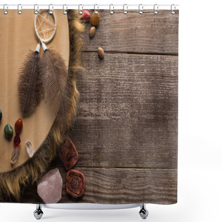 Personality  Top View Of Shamanic Tambourine, Dreamcatcher And Magic Crystals On Wooden Background Shower Curtains