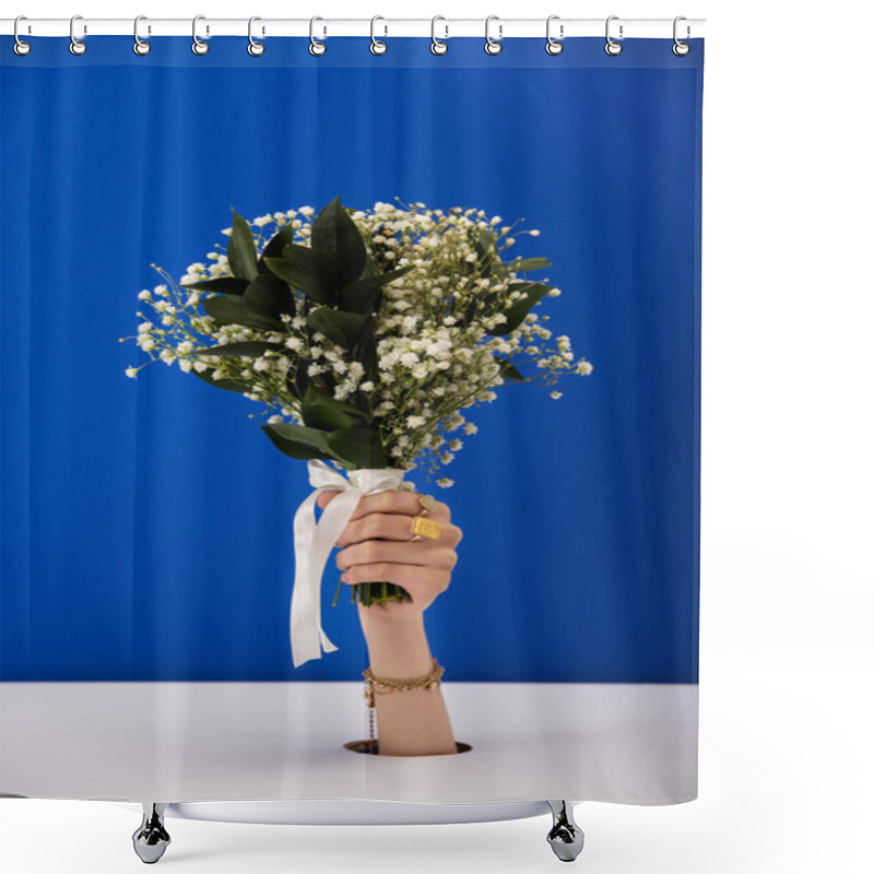 Personality  Cropped View Of Woman With Bracelet And Rings Holding Bouquet Of Spring Flowers Isolated On Blue Shower Curtains