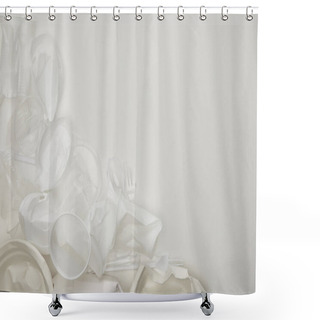 Personality  Top View Of Crumpled Plastic Cups And Plates White Background With Copy Space Shower Curtains