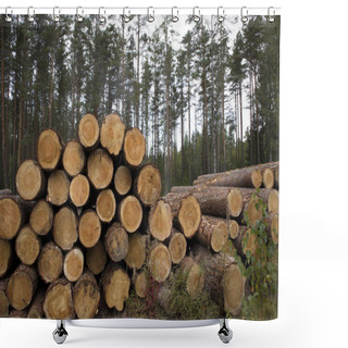 Personality  Forest Edge With Saw Mill, Stacks Of Pine Logs Against Pine Forest Shower Curtains