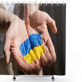 Personality  Cropped View Of Man With Ukrainian Flag Painted On Open Palms Isolated On Black Shower Curtains