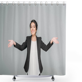 Personality  Happy Mixed Race Businesswoman Showing Welcoming Gesture And Smiling At Camera Isolated On Grey Shower Curtains