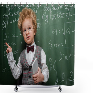 Personality  Smart Child In Suit And Bow Tie Holding Smartphone And Pointing With Finger Near Chalkboard With Mathematical Formulas  Shower Curtains