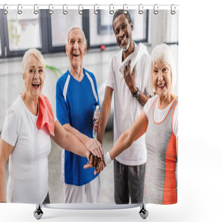Personality  Laughing Senior Multiculutral Sportspeople Putting Hands Together At Sports Hall  Shower Curtains