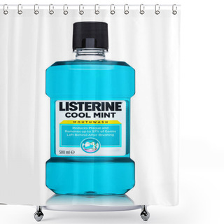 Personality  LONDON, UK - JUNE 9, 2017: Listerine Mouthwash Container On White. Listerine Is A Brand Of Antiseptic Mouthwash Product. Shower Curtains