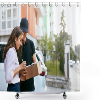 Personality  Delivery Courier. Man Delivering Package To Woman Shower Curtains