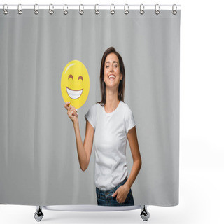Personality  KYIV, UKRAINE - SEPTEMBER 10, 2019: Cheerful Woman Holding Yellow Happy Smiling Emoji, Isolated On Grey Shower Curtains