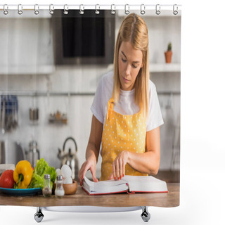 Personality  Young Woman In Apron Reading Cookbook While Cooking In Kitchen Shower Curtains