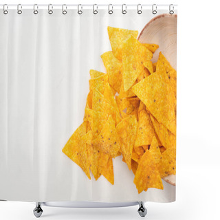 Personality  Top View Of Corn Nachos Scattered From Bowl On White Background Shower Curtains