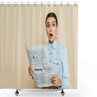 Personality  Shocked Brunette Woman In Denim Shirt With Business Newspaper Isolated On Beige Shower Curtains