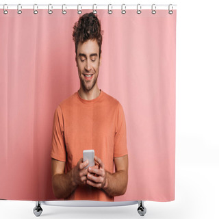 Personality  Smiling Young Man Chatting On Smartphone On Pink Background Shower Curtains