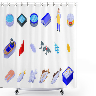 Personality  Fish Farm Icons Set, Isometric Style Shower Curtains