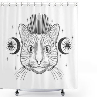 Personality  Mystic Magic Cat. Portrait Face Head Hand Drawn Vintage Style.Line Art Ink Painting.Graphic Design Tatoo. Shower Curtains