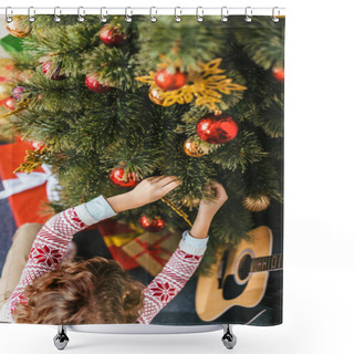 Personality  High Angle View Of Kid Decorating Christmas Tree Shower Curtains