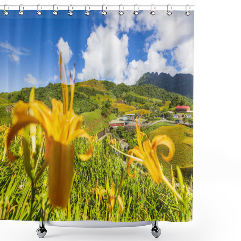 Personality  wild lilies blooming on field in mountainous landscape shower curtains