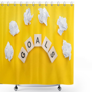 Personality  Crumbled Paper Balls Over 'goals' Word Made Of Wooden Blocks On Yellow Background, Goal Setting Concept Shower Curtains
