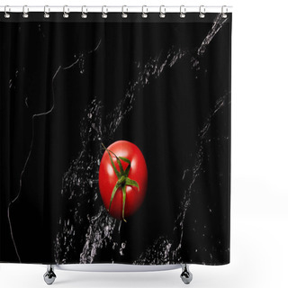 Personality  Top View Of Ripe Red Tomato In Clear Water Puddle Isolated On Black Shower Curtains