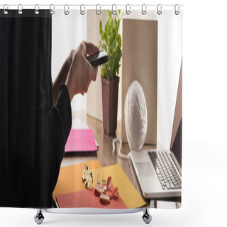 Personality  Cropped View Of Commercial Photographer Taking Pictures Of Composition With Accessories On Smartphone Shower Curtains
