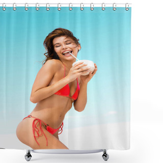 Personality  Smiling Beautiful Sexy Girl In Swimsuit On Beach With Coconut Drink Shower Curtains