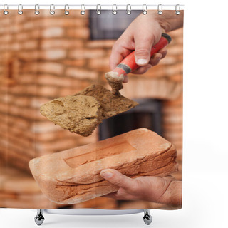 Personality  Masonry Heater Builder Hand With Brick And Trowel Shower Curtains