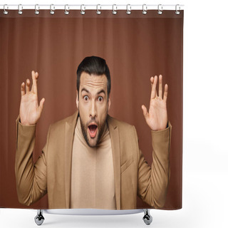 Personality  Astonished Man In Elegant Attire With His Fingers Crossed Showing Excitement On Beige Background Shower Curtains