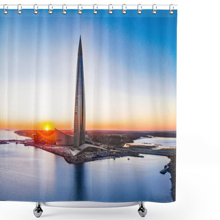Personality  Saint Petersburg, RUSSIA - April 16 2019: Public, Business Complex Lakhta Center, Skyscraper Gazprom Headquarters. Gulf Of Finland. Clear Blue Sky On Sunset. Reflection In Water. Top View Aerial Drone Shower Curtains