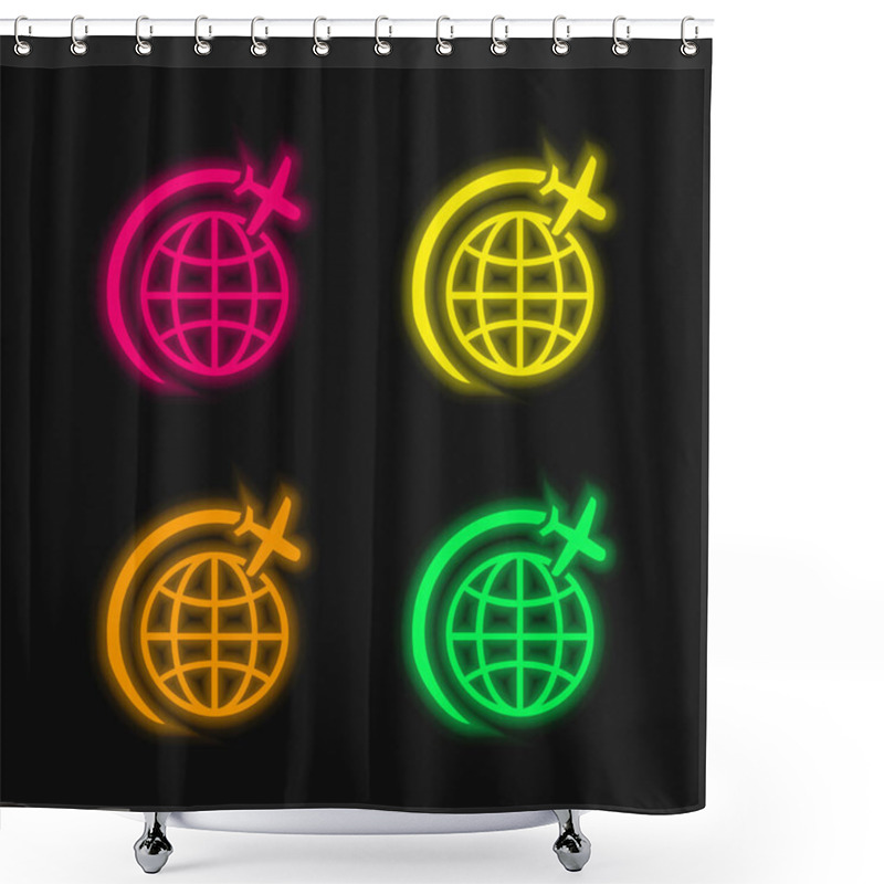 Personality  Airplane Flight In Circle Around Earth four color glowing neon vector icon shower curtains