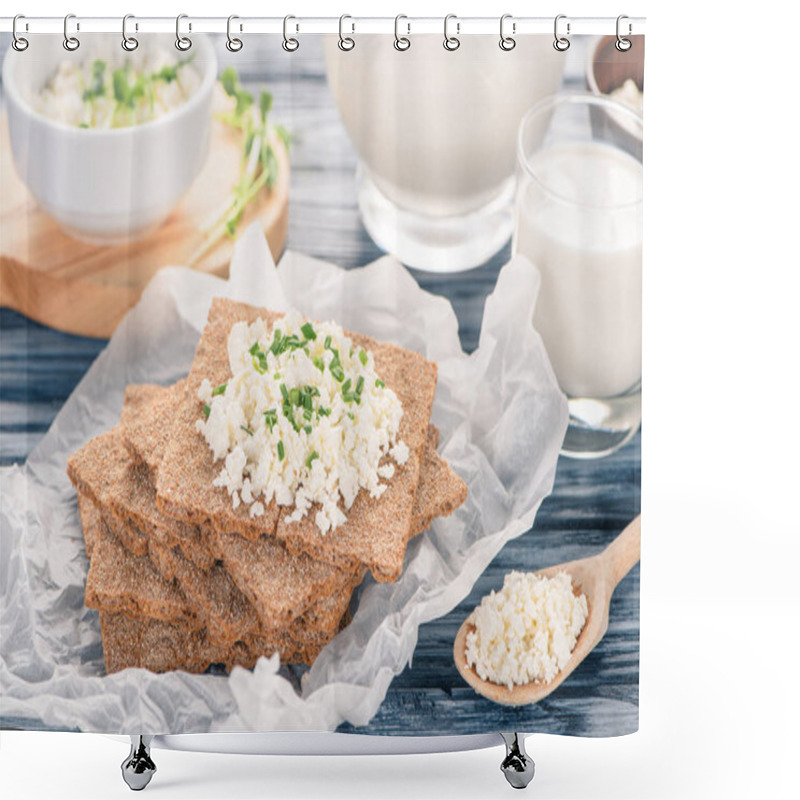 Personality  Close-up View Of Crackers With Cottage Cheese On Wooden Table   Shower Curtains