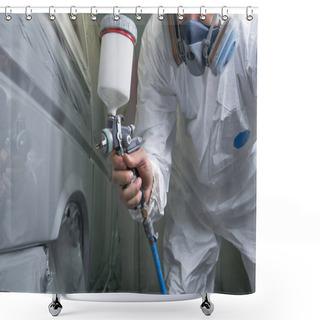 Personality  Painter Spray Gun In The Hands Of A Painter. Shower Curtains