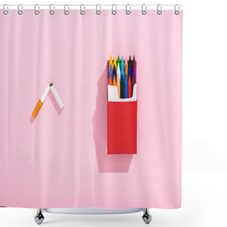 Personality  Top View Of Colorful Crayons In Cigarette Pack And Broken Tobacco Cigarette On Pink, Smoking Concept Shower Curtains
