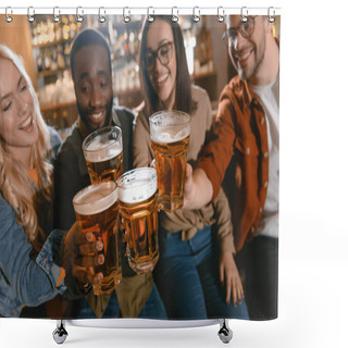 Personality  Cheerful Multiculture Friends Drinking Beer Together At Bar Shower Curtains